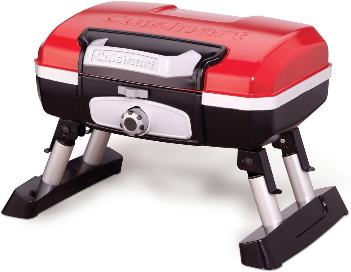 Cuisinart Petite Gourmet Portable Gas Grill, Compact Portable Grill Propane, 150 Sq. In. Cooking Surface, 5,500 BTU Burner Small Gas Grills for Camping, BBQ, Folding Legs and Carry Handles, Red