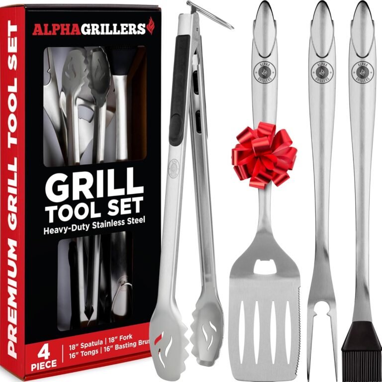 Alpha Grillers Grilling Accessories - Grilling Gifts for Men - BBQ Accessories Grill Tools Set with Spatula, Fork, Brush & Tongs - Outdoor Barbecue Utensils Gifts for Men Dad Him Boyfriend