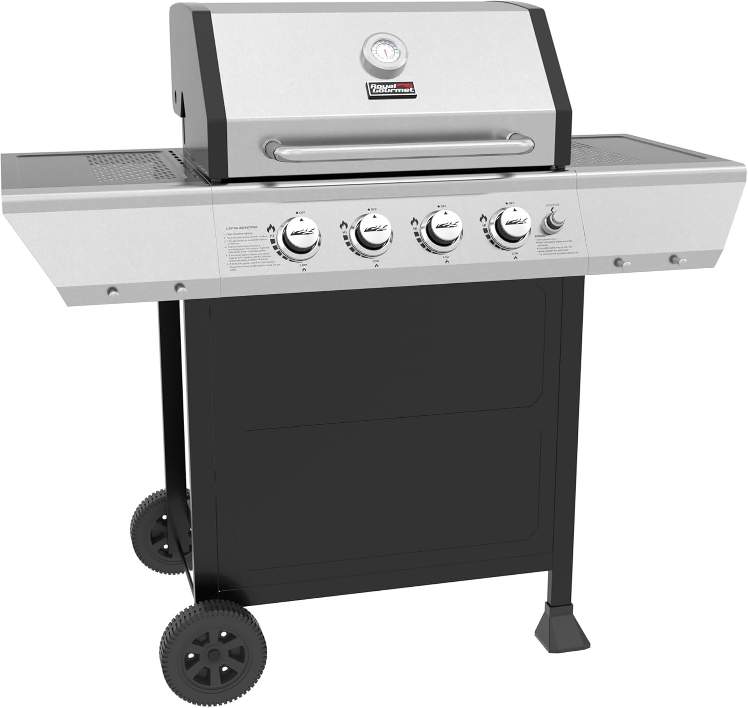 Royal Gourmet 4-Burner Propane Gas Grill with Warming Rack, Outdoor BBQ Grill with 34,000 BTUs Output for Patio Garden Barbecue Grilling, Black & Silver
