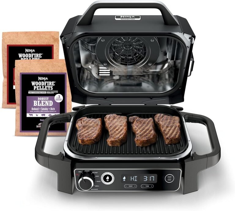 Ninja | Woodfire Series | 7-in-1 (Grill, BBQ, Roast, Air Fry, Dehydrate, Broil, Smoke) | Portable & Weather Resistant | Cook Up To 6 Steaks & 30 Hot Dogs | Woodfire Pellets included | OG701