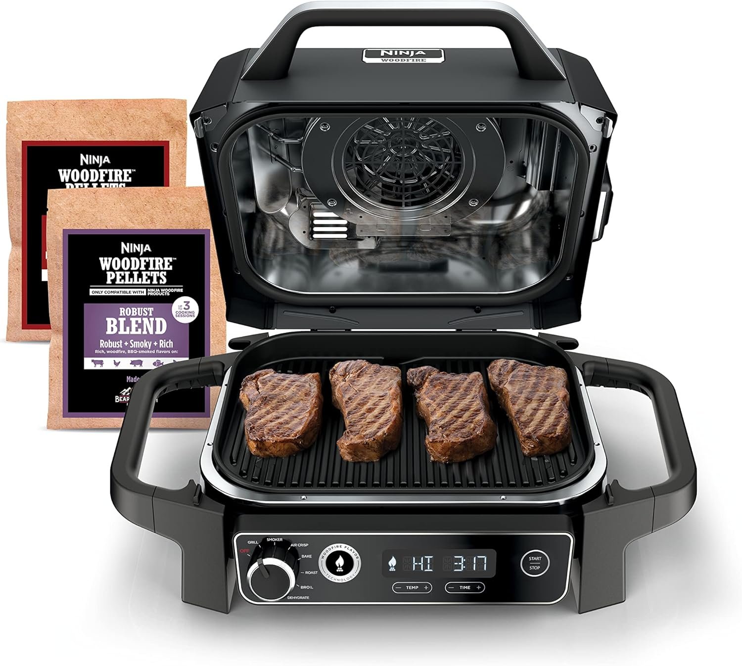 Ninja | Woodfire Series | 7-in-1 (Grill, BBQ, Roast, Air Fry, Dehydrate, Broil, Smoke) | Portable & Weather Resistant | Cook Up To 6 Steaks & 30 Hot Dogs | Woodfire Pellets included | OG701