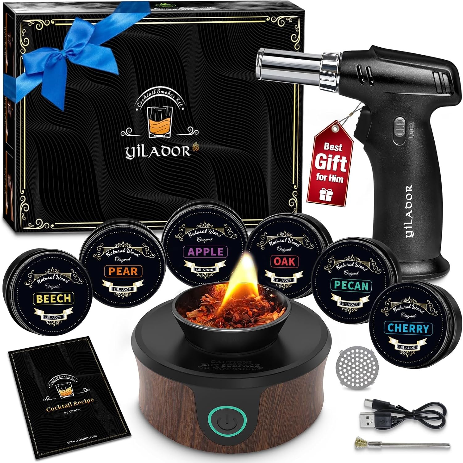 Electric Whiskey Smoker Kit with Torch, Best Whiskey Gifts for Men, 6 Wood Chips – Infuse Rich Smoky Flavors in Bourbon Old Fashioned & Cocktails, Birthday Gifts for Dad, Husband (Butane Not Included)