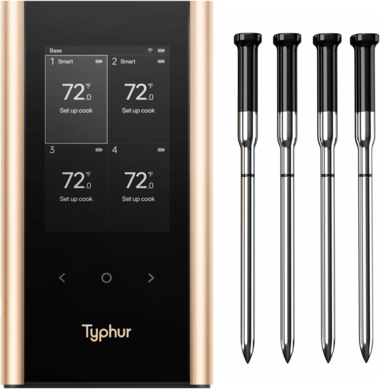 Sync Gold Wireless WiFi Meat Thermometer, 4 Slim Probes, 6 Sensors, 10x Stronger Signal, ±0.5℉ Accuracy, Smart Base Direct Setup, Reliable Reading Through Kamado Grill, BBQ, Oven, Smoker, Air Fryer