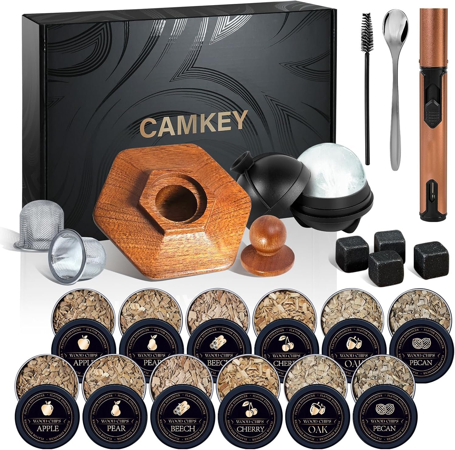 23Pcs Whiskey Smoker Kit with Torch-12 Wood Chips, Ice Ball Mold, Cocktail Smoker Infuser Kit, Old Fashioned Drink Smoker Kit, Birthday Bourbon Whiskey Gifts for Men,Dad,Him, Christmas