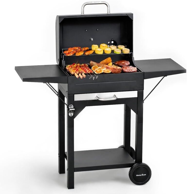 MASTER COOK Charcoal Grills with Two Side Tables, 17'' Outdoor Smoker Barbecue bbq grill for Camping, Patio,Backyard Party, Picnic, Black