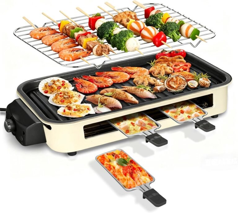 Electric Indoor Grill 1500W, YOHAWJAN 2 in 1 Smokeless Indoor Grills with Non-stick Removable Grill & Griddle Plate, Temperature Control, Portable Korean BBQ Grill with 3 Raclette Cheese Pans