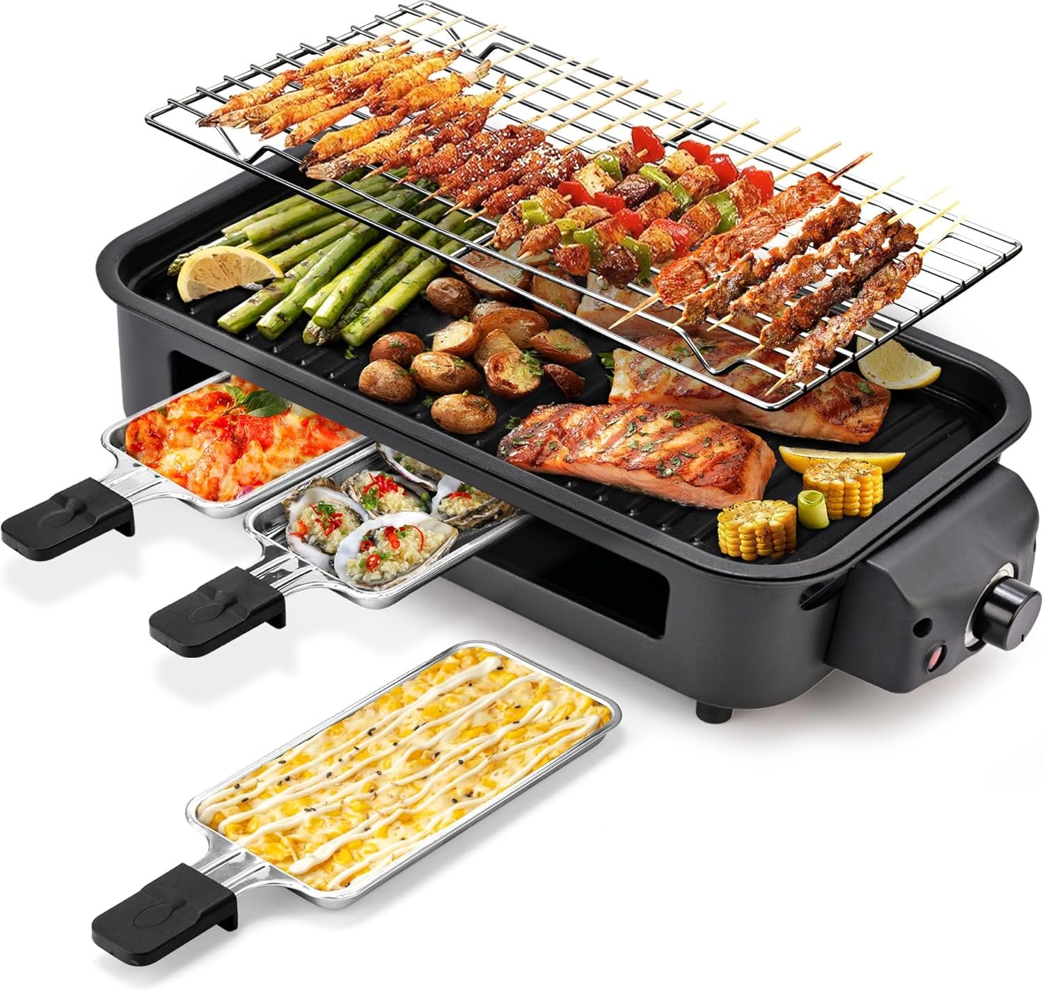 Pukomc Electric Indoor Grill,2 in 1 Indoor Grills for Kitchen with Grill Net & Non-Stick Cooking Removable Plate, Temperature Control, Dishwasher Safe, 1700W Black