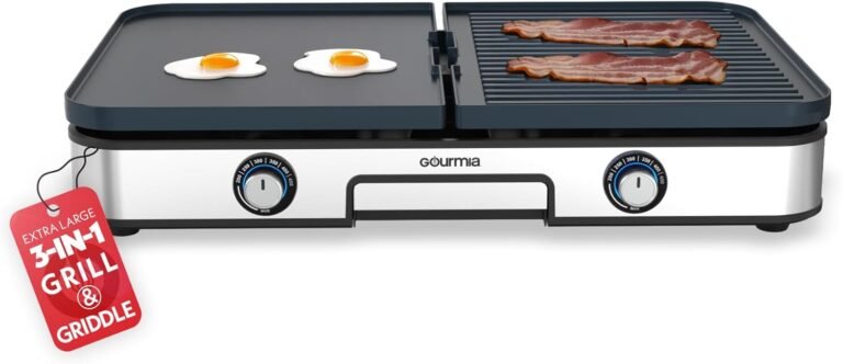 Gourmia 3-in-1 Indoor Grill & Griddle Electric Combo – Dual Independent Cooking Zones, Reversible Nonstick Ceramic Plates, XL Cooking Surface, 250–400°F Adjustable Temp, Dishwasher Safe