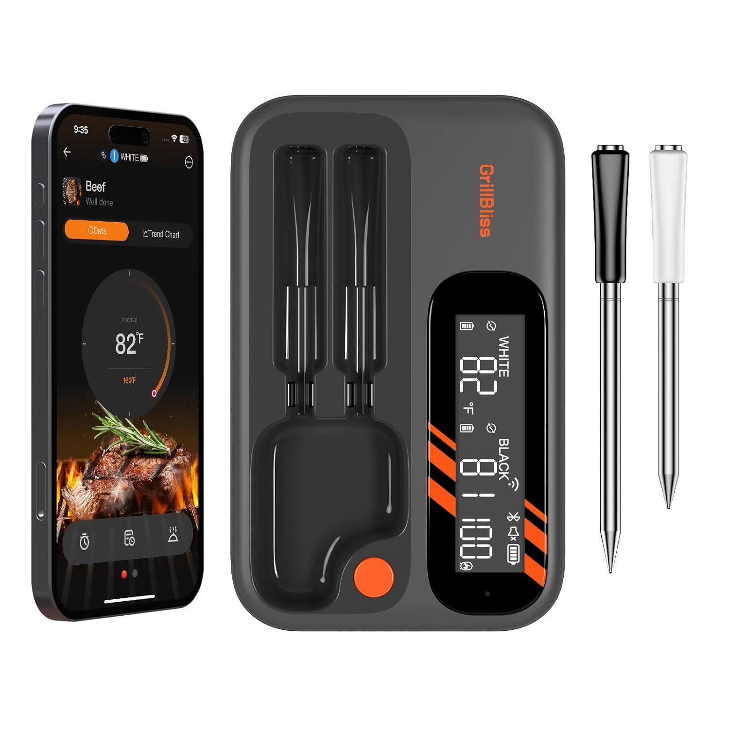 Wireless Meat Thermometer - 5G Wi-Fi and 5.4 Bluetooth Meat Thermometer Digital Wireless for Grilling and Smoking with IP67 Dual Probes and Backlight LCD Display for BBQ, Smoker, Oven, Grill