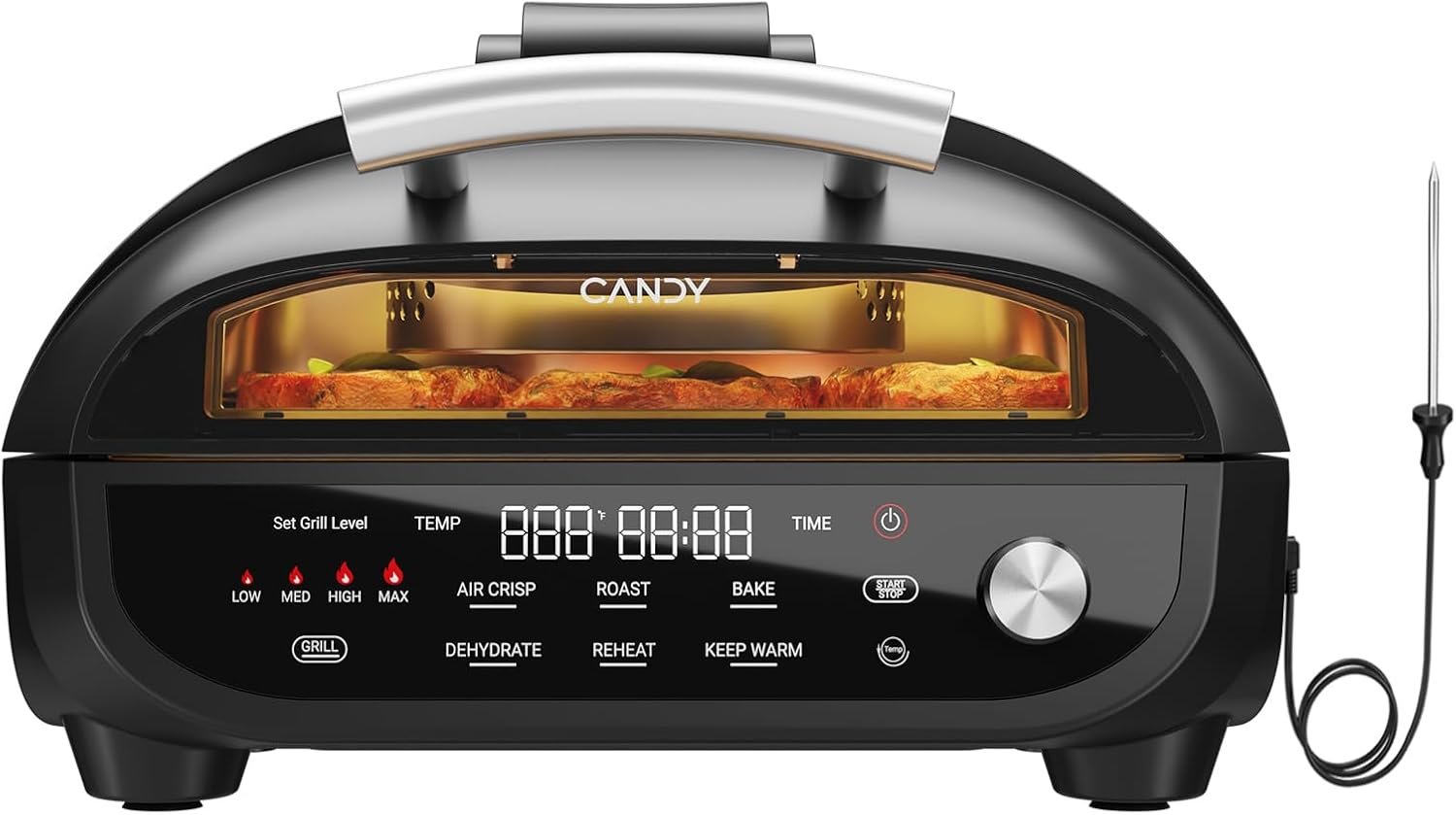 Candy Indoor Grill & Air Fryer with Ceramic Accessories, 500°F Max, 7-IN-1 Digital Display, 5.2 QT Electric Low Smoke with View Window, Smart Thermometer, Crisp, Roast & Dehydrate, Easy Clean, 1500W