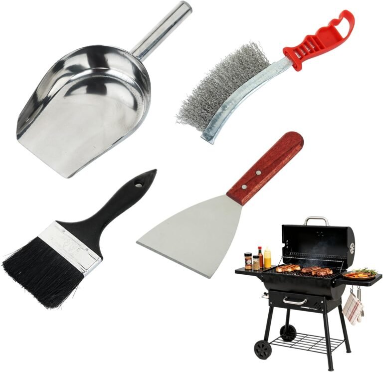 Grill Pellet Ash Cleaning 4-Piece Kit（Metal Material Durability） Includes Wire Brush，Ash Shovel，Bristle Brush，Angled Shovel，Effortlessly Removes Stubborn Grime & Collects Ash Debris