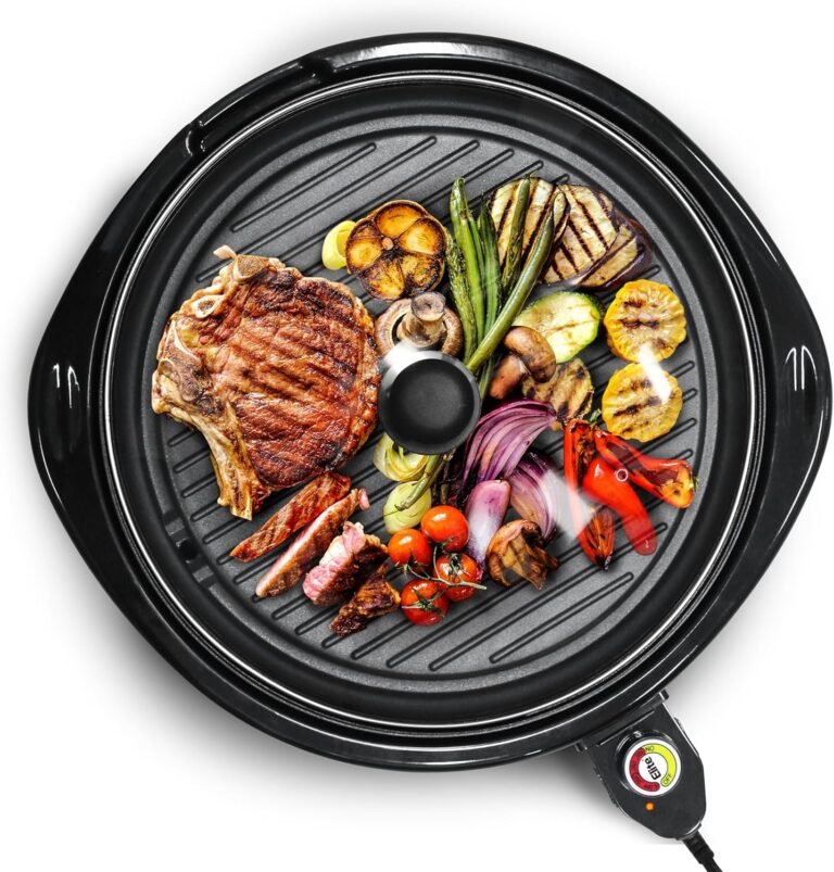 Elite Gourmet EMG-980BX Large Indoor Electric Round Nonstick Grill Cool Touch Fast Heat Up Ideal Low-Fat Meals Dishwasher Safe Includes Glass Lid, 14", Black