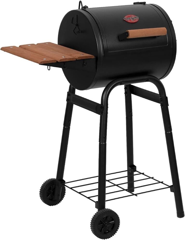 Char-Griller® Patio Pro Charcoal Grill and Smoker with Cast Iron Grates, Premium Wood Shelf and Damper Control, 250 Cooking Square Inches in Black, Model E1515