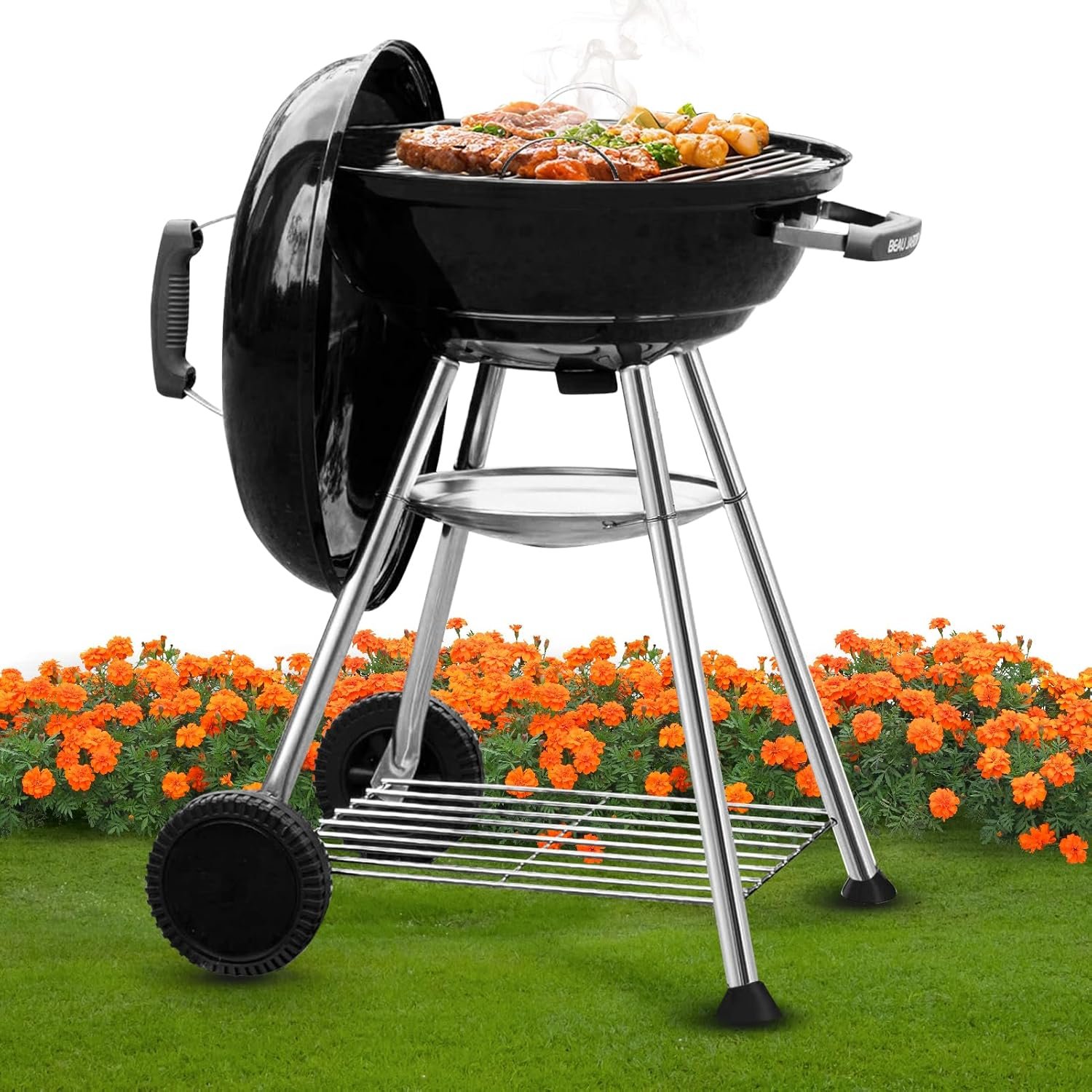 BEAU JARDIN Premium 18 Inch Charcoal Grill for Outdoor Cooking Barbecue Camping BBQ Coal Kettle Grill Tailgating Portable Heavy Duty Round with Thickened Grilling Bowl with Wheels BG231