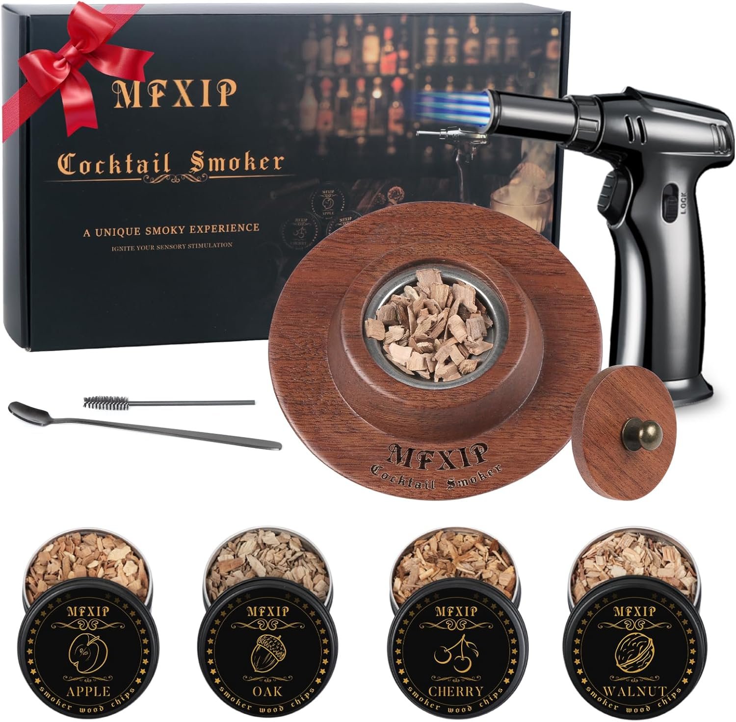 Cocktail Smoker Kit with Torch, Whiskey Smoker Kit, Old Fashioned Drink Smoker Kit – 4 Flavors Wood Chips, Whiskey Smoker Infuser Kit - Bourbon Gifts for Men, Dad (No Butane)