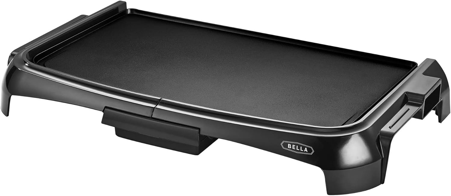 BELLA Electric Griddle with Crumb Tray - Smokeless Indoor Grill, Nonstick Surface, Adjustable Temperature Control Dial & Cool-touch Handles, 10" x 16", Black