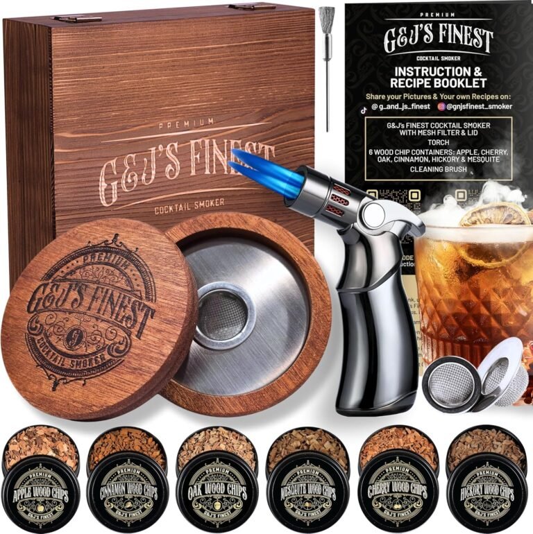 Whiskey Smoker Kit | Cocktail Smoker Kit| Bourbon Smoker Kit| Old Fashioned Smoker Kit with Quad Flame Torch, 6 Wood Chips & Wooden Box for Smoking Drinks| Whiskey Gift for Men (No Butane Incl.)
