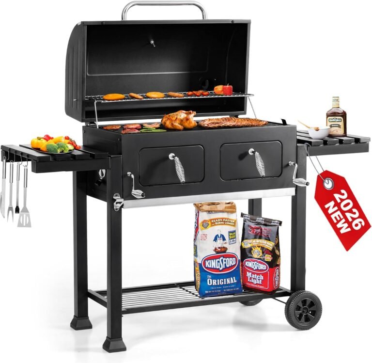 GREEN PARTY Barrel Charcoal Grill with Side Tables, 794 Square Inches Cooking Space, Large Charcoal BBQ Grill with 2 Height-Adjustable Charcoal Pans for Outdoor Backyard Patio Picnic Parties Camping