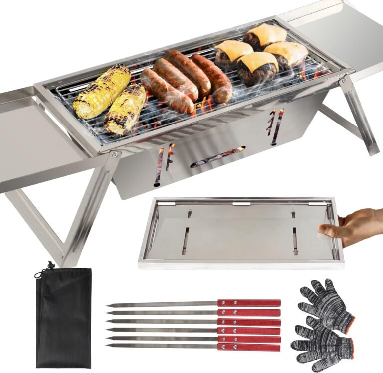 FoldNGo Portable Charcoal Grill with 6 Skewers - Stainless Steel Foldaway Grill for Camping, BBQ, Tailgating, Picnics - Instant Assembly, Includes Gloves & Carry Bag