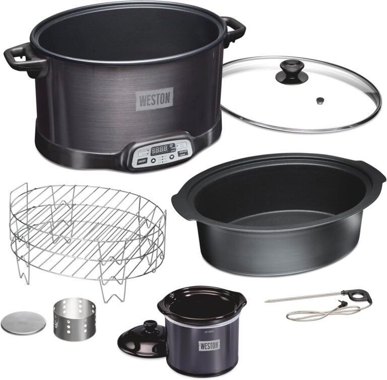 WESTON 2-in-1 Programmable Slow Cooker & Electric Indoor Smoker, 6 Quart, 3-Tier Smoking Rack for Meat, Cheese and More, Dishwasher Safe Crock, Temperature Probe, Includes 16 oz. Party Dipper, Black