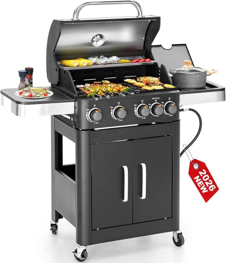 2 in 1 Propane Gas BBQ Grill with Side Burner & Porcelain-Enameled Cast Iron Grate, 4-Burner Flat Top Griddle, 46,700 BTU Outdoor Barbecue Propane Griddle Grill Combo for Camping, Patio, Backyard