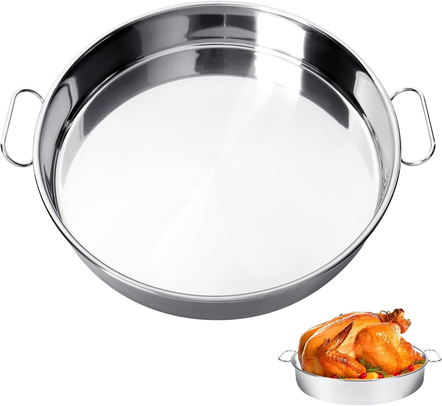 13 3/8 Inch Stainless Steel Deep Drip Pan, Chicken Roasting Pans for Big Green Egg Grills & Smokers, Round Baking Pan & Cake Pan & Pizza Pan for Oven and Other Kamado Grills