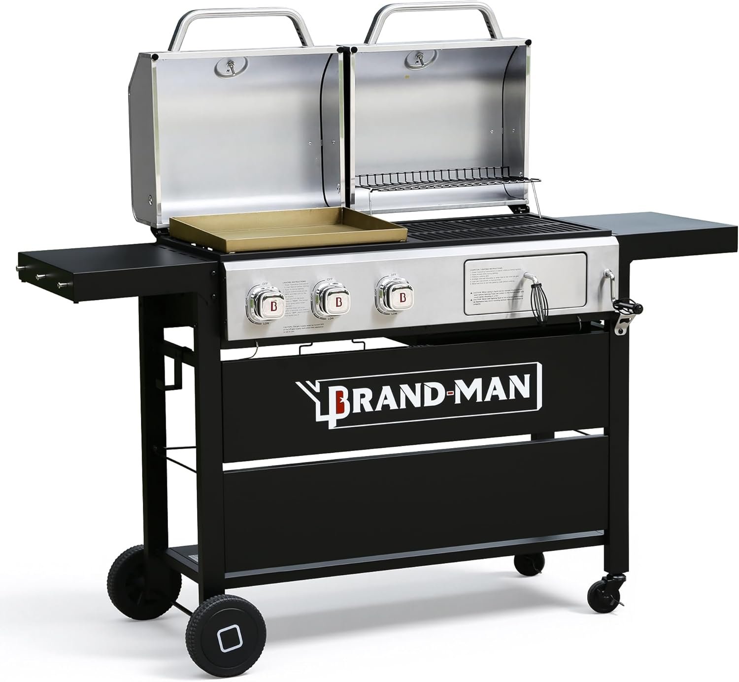 Brand-Man Propane Gas and Charcoal Grill Combo,Grill and Griddle Combo Dual Fuel BBQ Grill with Dual Lids for Outdoor Barbecue, Black