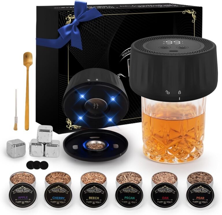 Electric Whiskey Smoker Kit with Led Lights, 4 Reusable Ice Cubes and 6 Flavors Natural Wood Chips, Old Fashioned Bourbon Smoker Kit for Home Bar, Bourbon Whiskey Gifts for Men, Dad, Husband