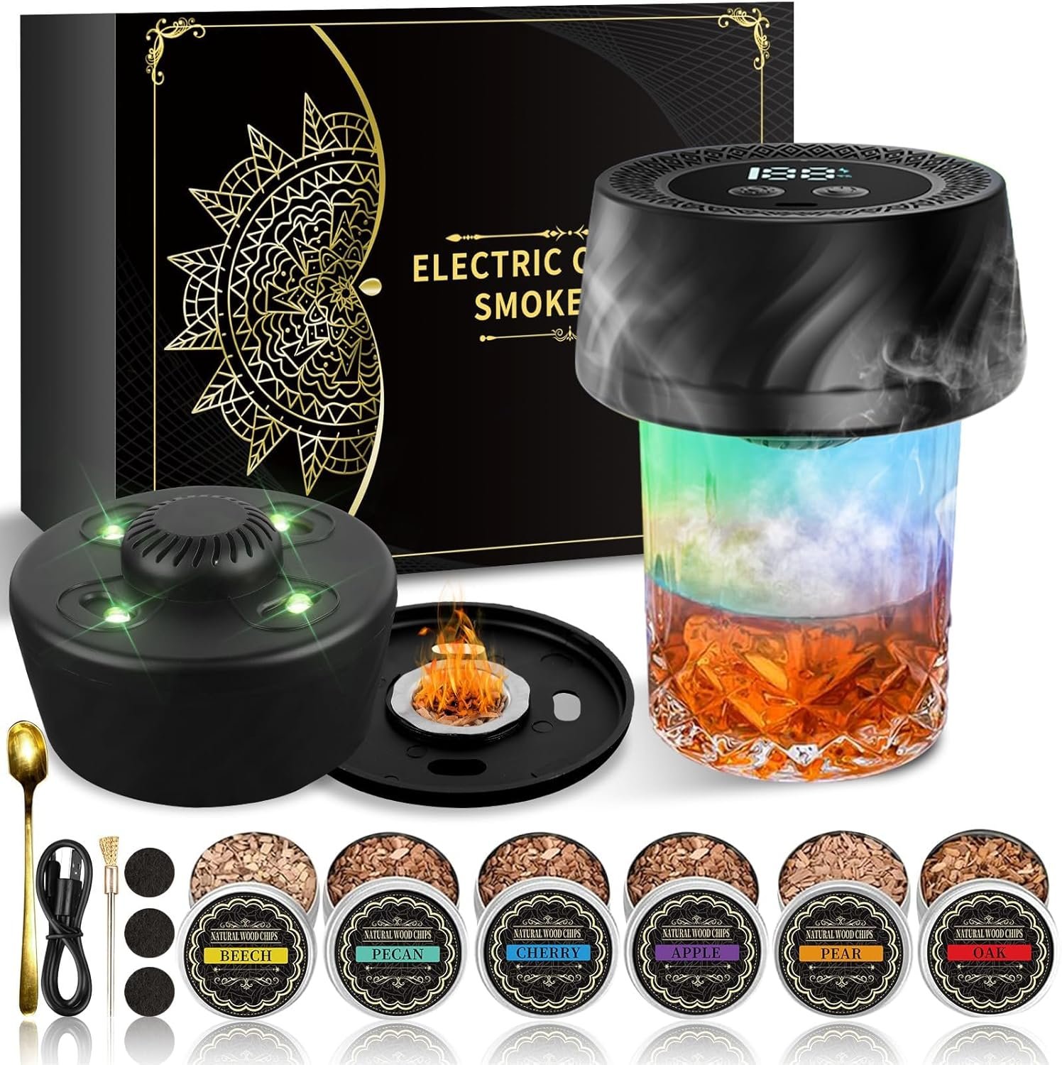 Mens Valentines Day Gifts for Him, Electric Whiskey Smoker Kit, Anniversary Birthday Gifts for Men Husband Boyfriend Dad Party Favors, Cocktail Old Fashioned Bourbon Drink Smoker Kit with 6 Wood Chips