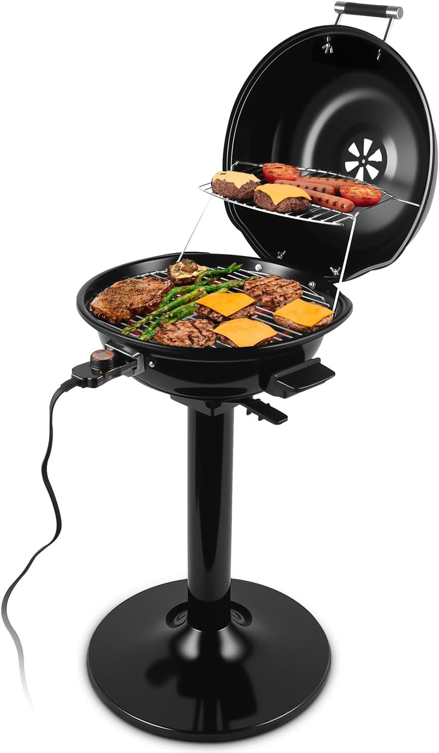 Electric Grill, CUSIMAX Electric Indoor/Outdoor Grill, 1600W Portable BBQ with Lid for Indoor & Outdoor Use, Adjustable Heat, Removable Stand Grill for Cookouts, BBQ Gatherings, Small Spaces