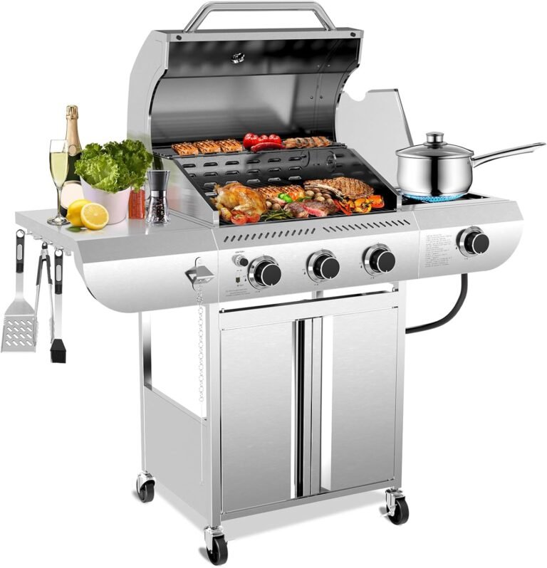 G31 pro Gas Grill 34,000 BTU 3-Burner Propane Grill with Side Burner, Stainless Steel BBQ Grill, Cast Iron Grates & Portable Cart with Wheels，Outdoor Barbecue Grill for Backyard, Patio, Camping