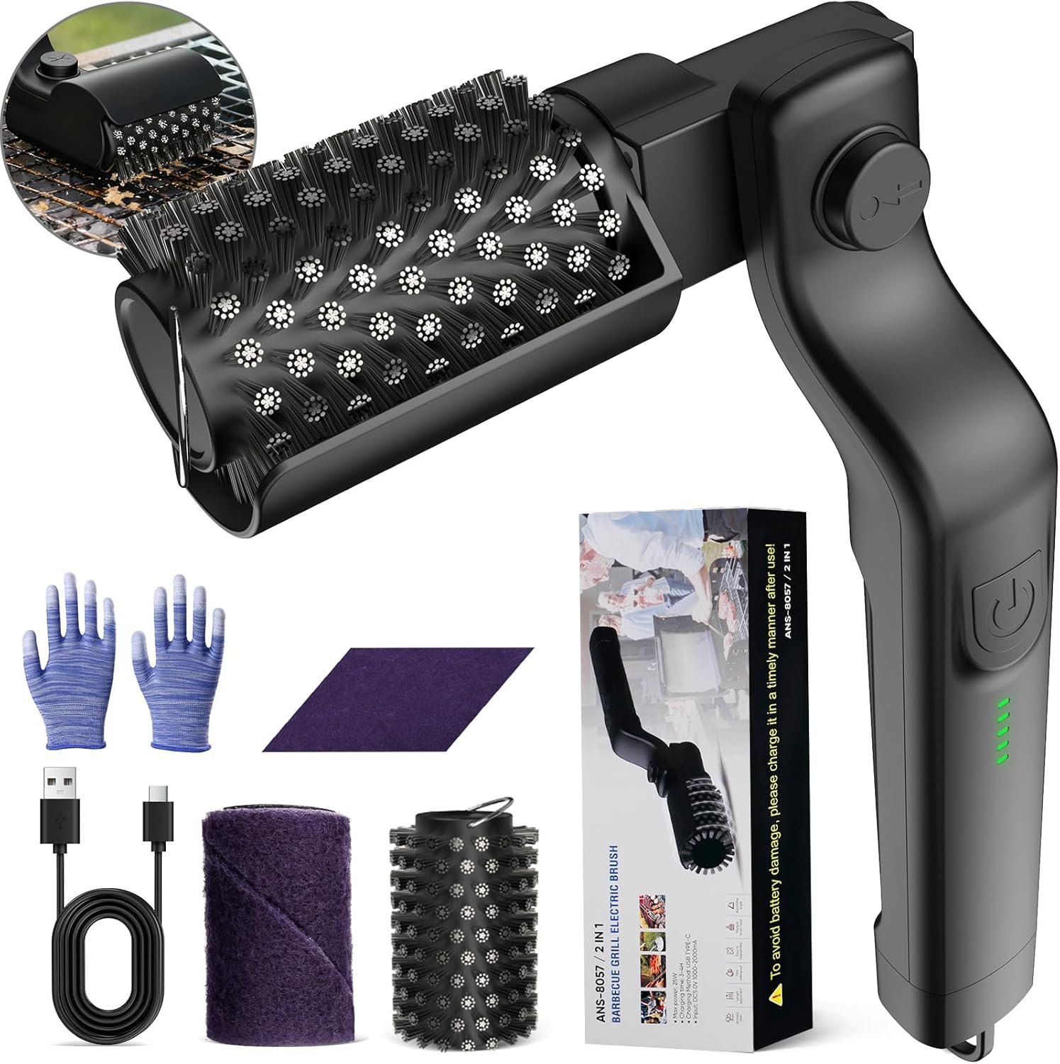 Electric Grill Brush, Rechargeable Grill Cleaner for Outdoor Grill with 3-Speed Power Motor & Stainless Steel Head- 180°Adjustable, Automatic Grill Cleaning Brush for Gas/BBQ Grates & Griddles