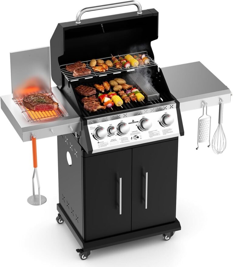 SKOK 4+1 Burners Gas Grill with Infrared Side Burners, Outdoor BBQ Grill with Cast Iron Grates, Barbecue Grill with Wheels, 60,000BTU Output