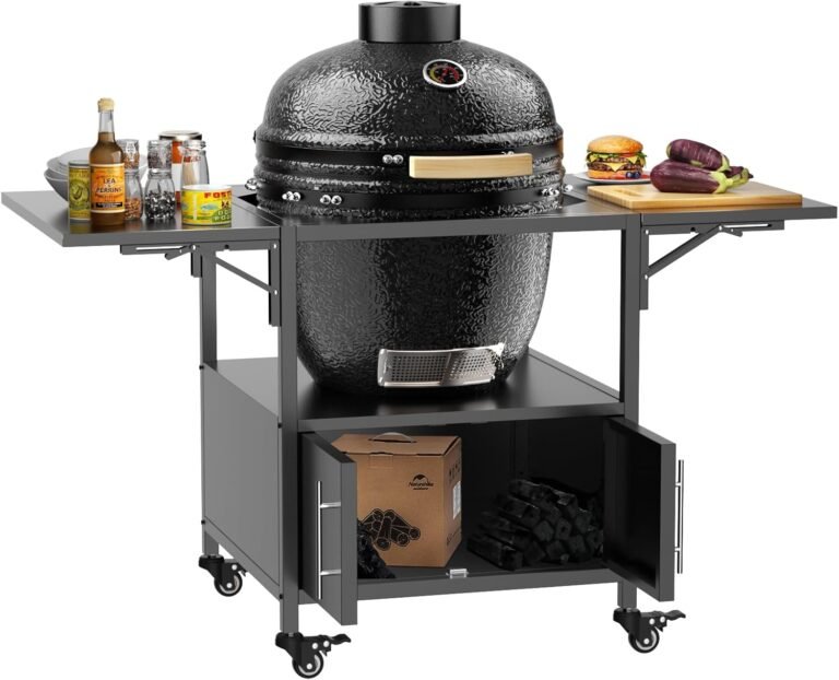 wenyuyu Outdoor Grill Table for Big Green Egg Style BBQ, Metal Grill Station Prep Cart with 2 Folding Panels & Storage, Compatible with up to Large Green Egg, Kamado Joe Jr